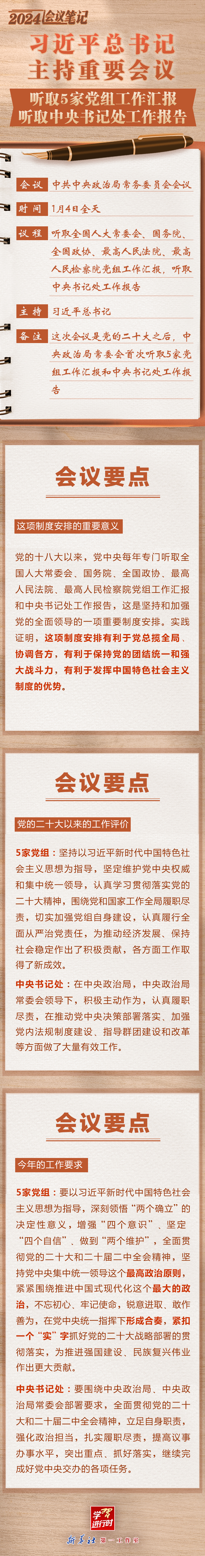 2024会议笔记：习近平总书记主持重要会议 听取5家党组工作汇报 听取中央书记处工作报告(图1)